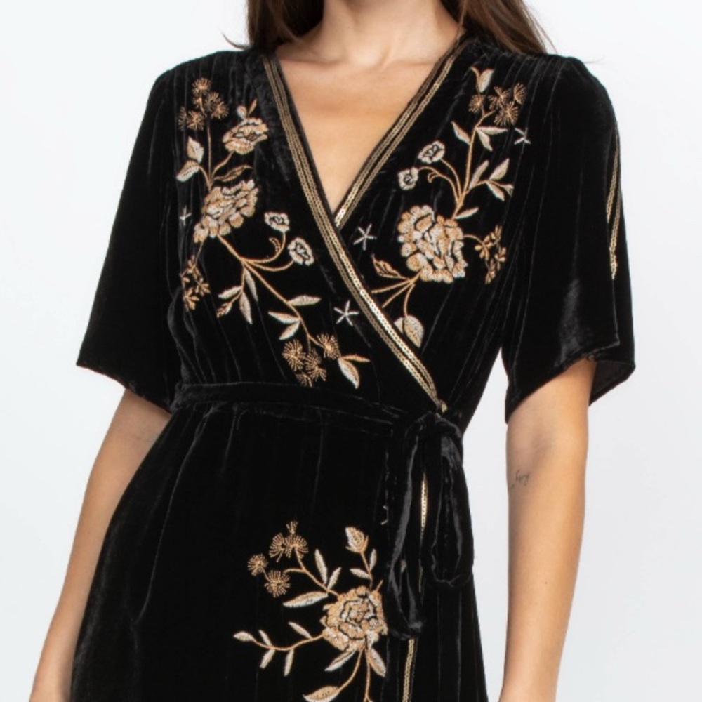 Johnny Was Ally Black and Gold Floral Midi Dress